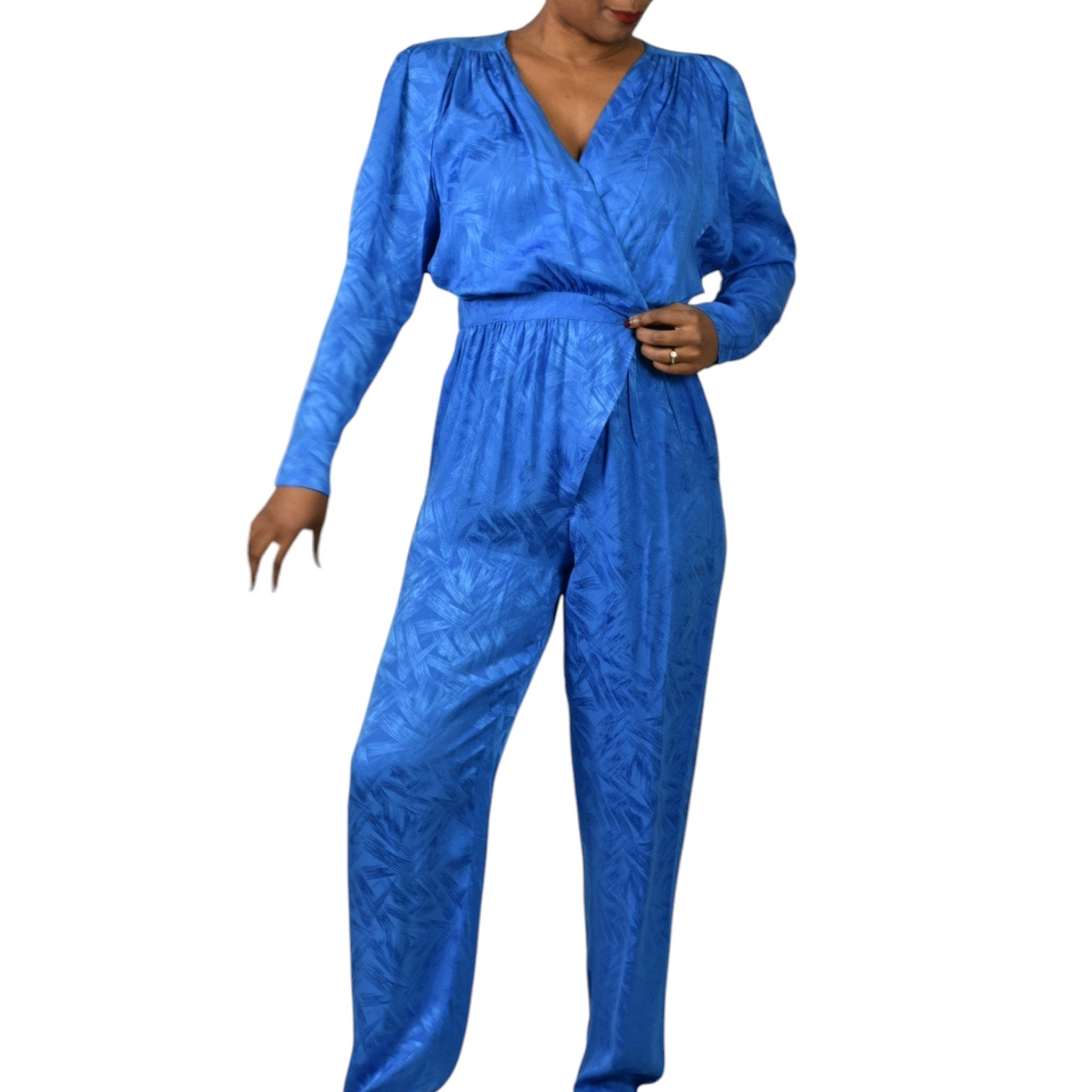 Nora Noh Silk Jumpsuit Blue Vintage Silky Shoulder Pads Tapered Boilersuit Jacquard Small