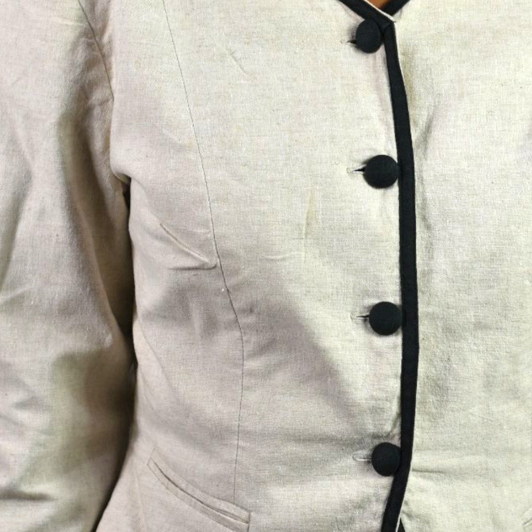 Vintage Althuser Linen Blend Blazer Jacket Beige Cropped Black Trim Tailored Shoulder Pads 10