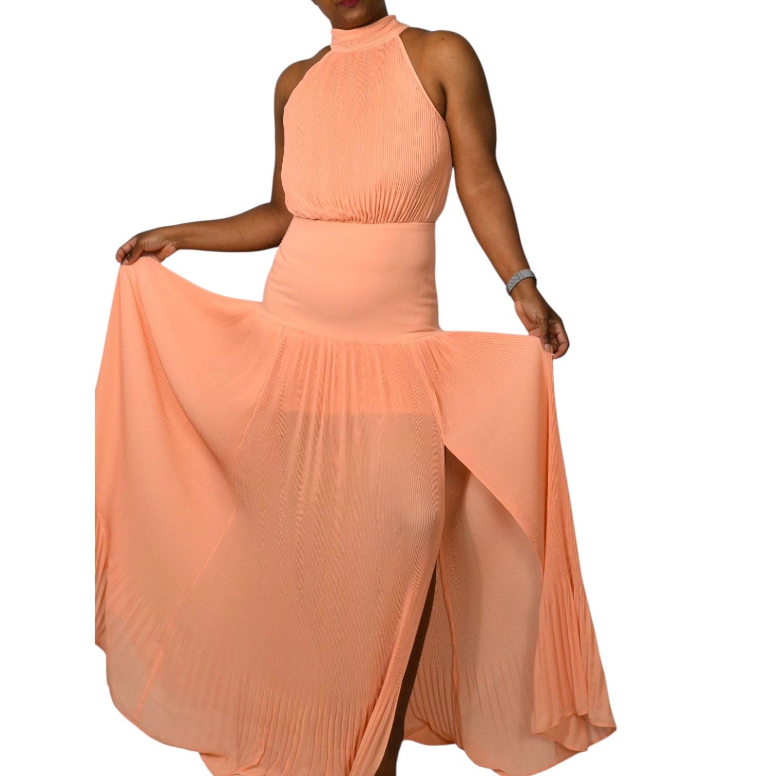 Veronica Beard Lilliana Dress Peach Orange Halter High Neck Plisse Long Maxi Evening Gown 2