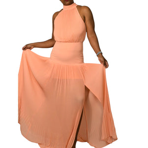 Veronica Beard Lilliana Dress Peach Orange Halter High Neck Plisse Long Maxi Evening Gown 2