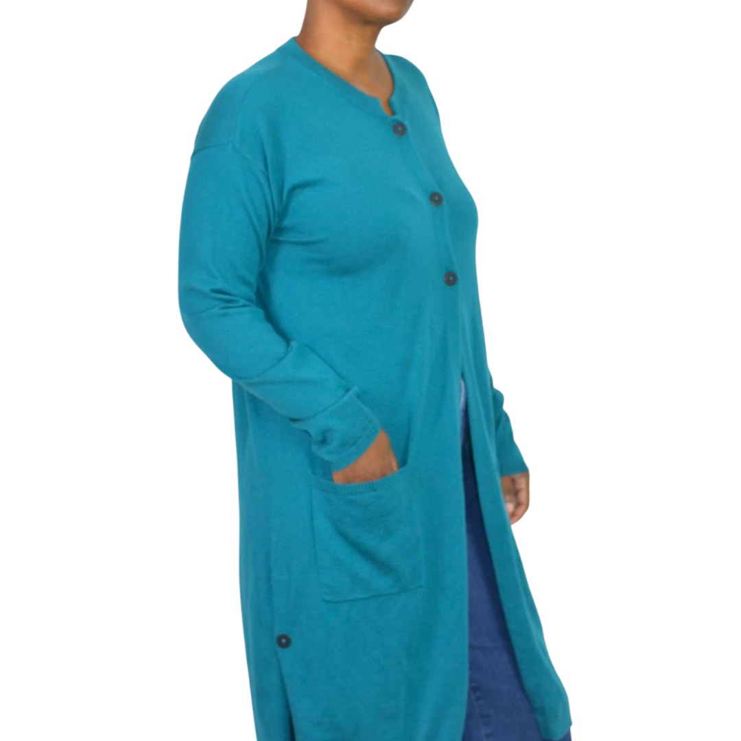 J Jill Longline Cardigan Sweater Green Teal Blue Long Duster Knit Classic Medium