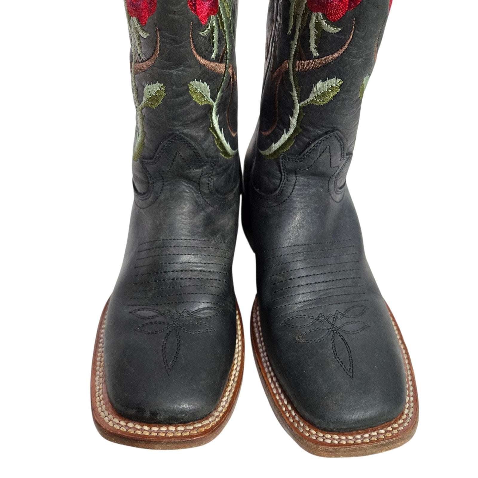 Rockem Rose Embroidered Cowboy Boots Black Western Cowgirl Square Toe Leather 7 Girls