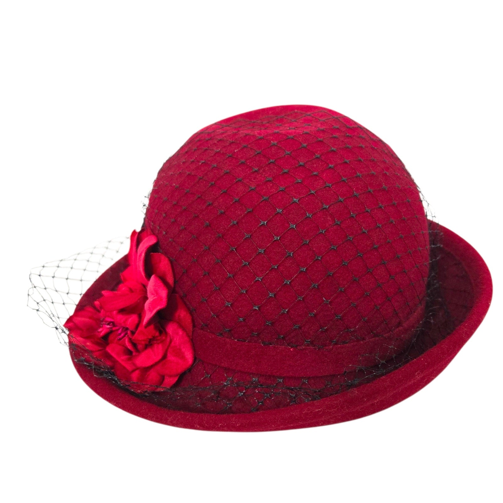 Vintage Betmar Cloche Hat Red Felt Wool Brim Winter Dressy USA Veil Flowers 40s 50s Style Fascinator Small