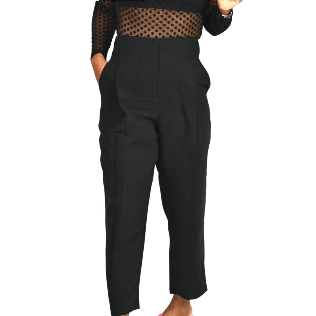 Tout a Coup Pleat Crop Trouser Pants Black High Waist Crepe Dress Evening Business Casual Tapered XS