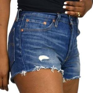 Levis 501 Jean Shorts Blue Denim Cutoffs Distressed Button Fly Rigid Raw Size 27