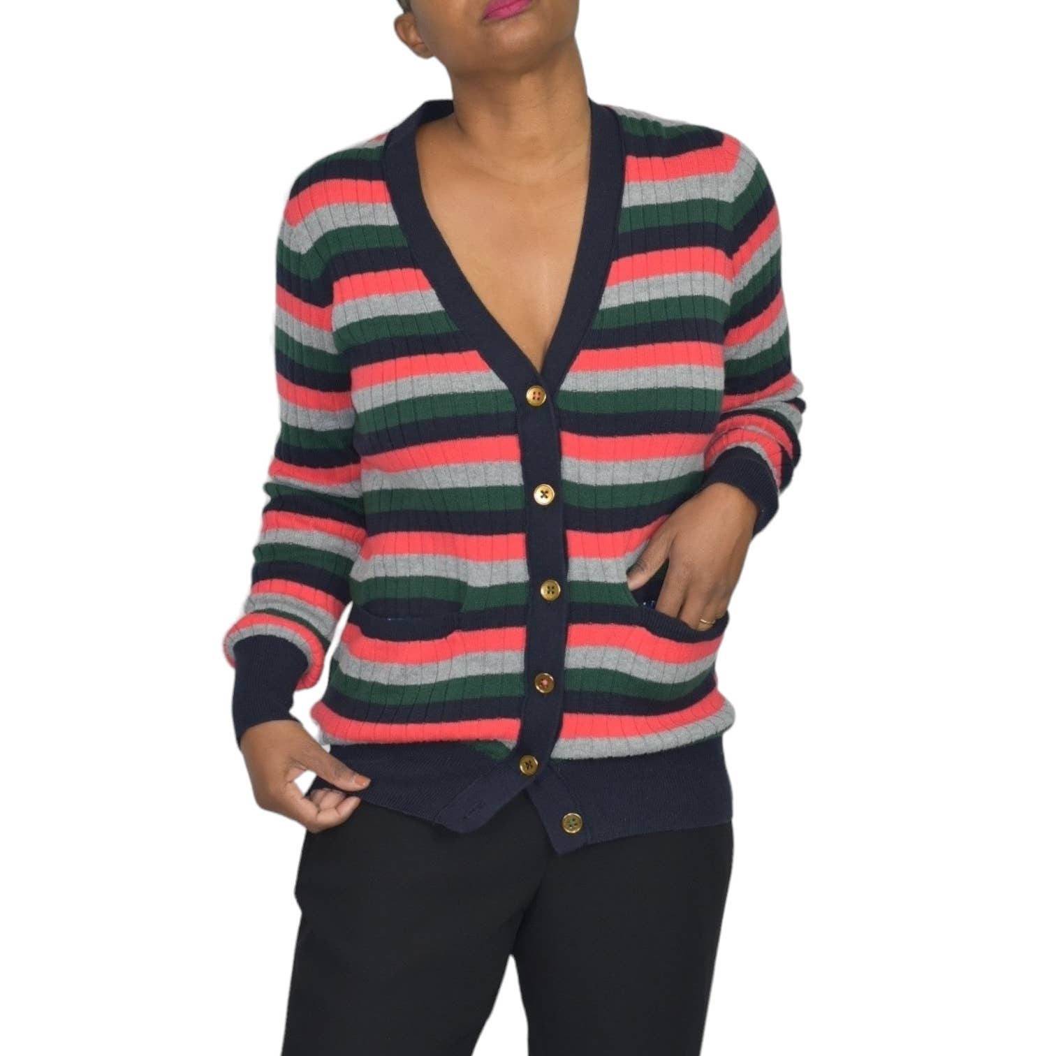 Moth Jamison Cardigan Blue Multicolor Striped Anthropologie V Neck Sweater Size XS