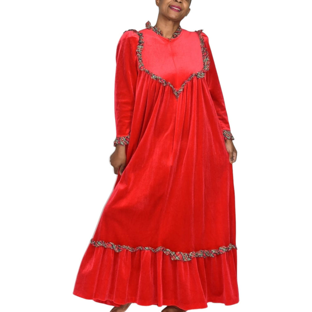 Vintage Komar Velour Robe Red Plaid Tartan Holiday Christmas Lounge Puff Sleeves Housedress Dress Size Large Kids