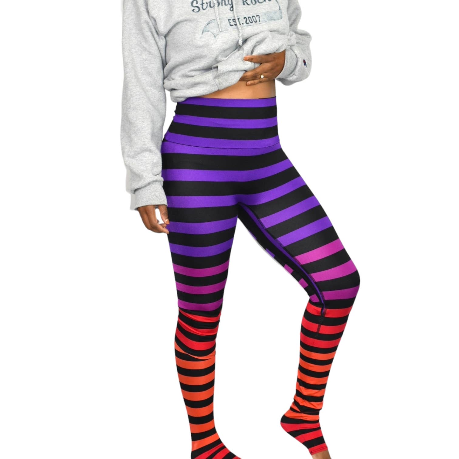 K Deer Mabel Leggings Multicolor Purple Striped Ombre Rainbow High Waist Full Length Size Medium