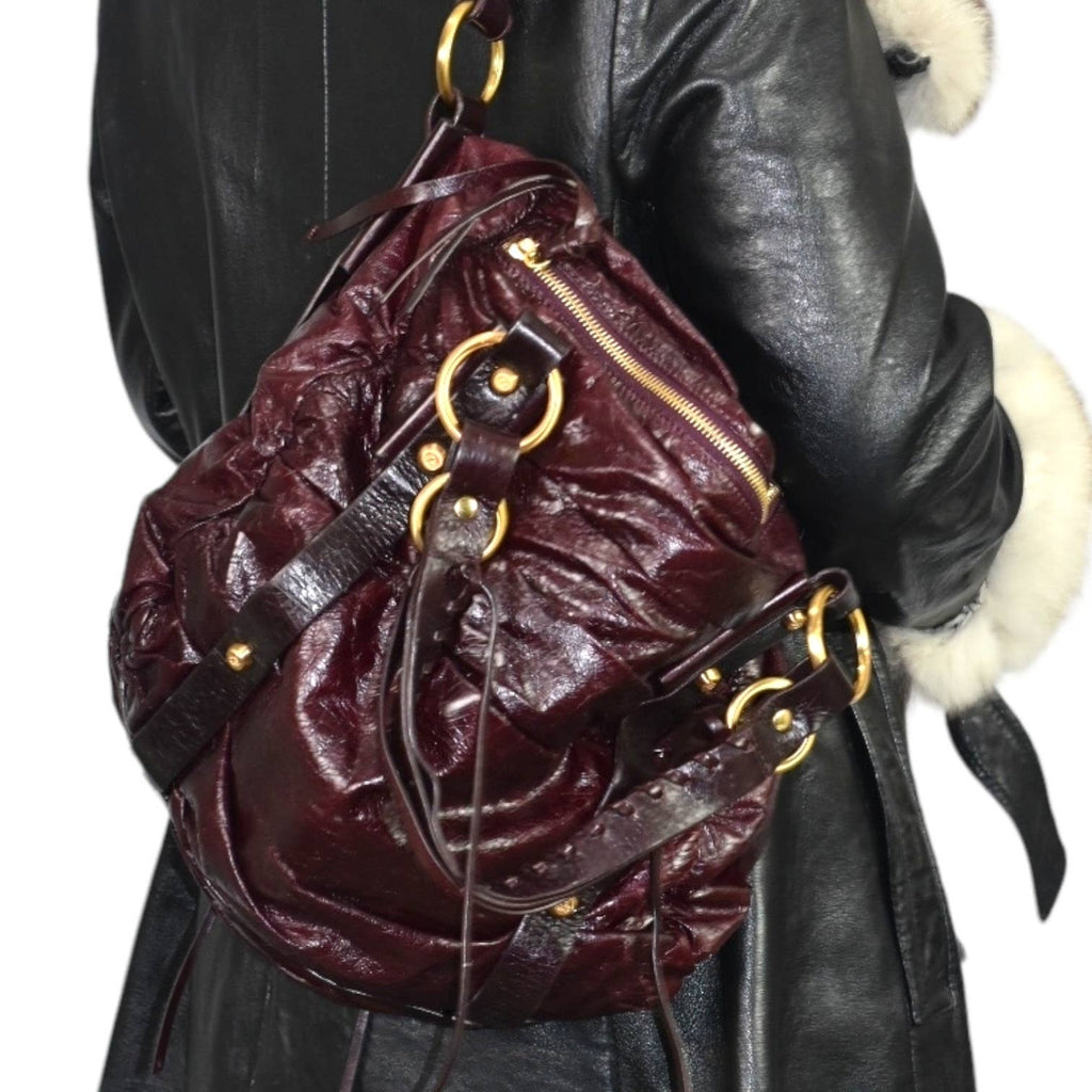 Francesco Biasia Shoulder Bag Red Slouchy Satchel Glazed Chunky Handles Top Glossy