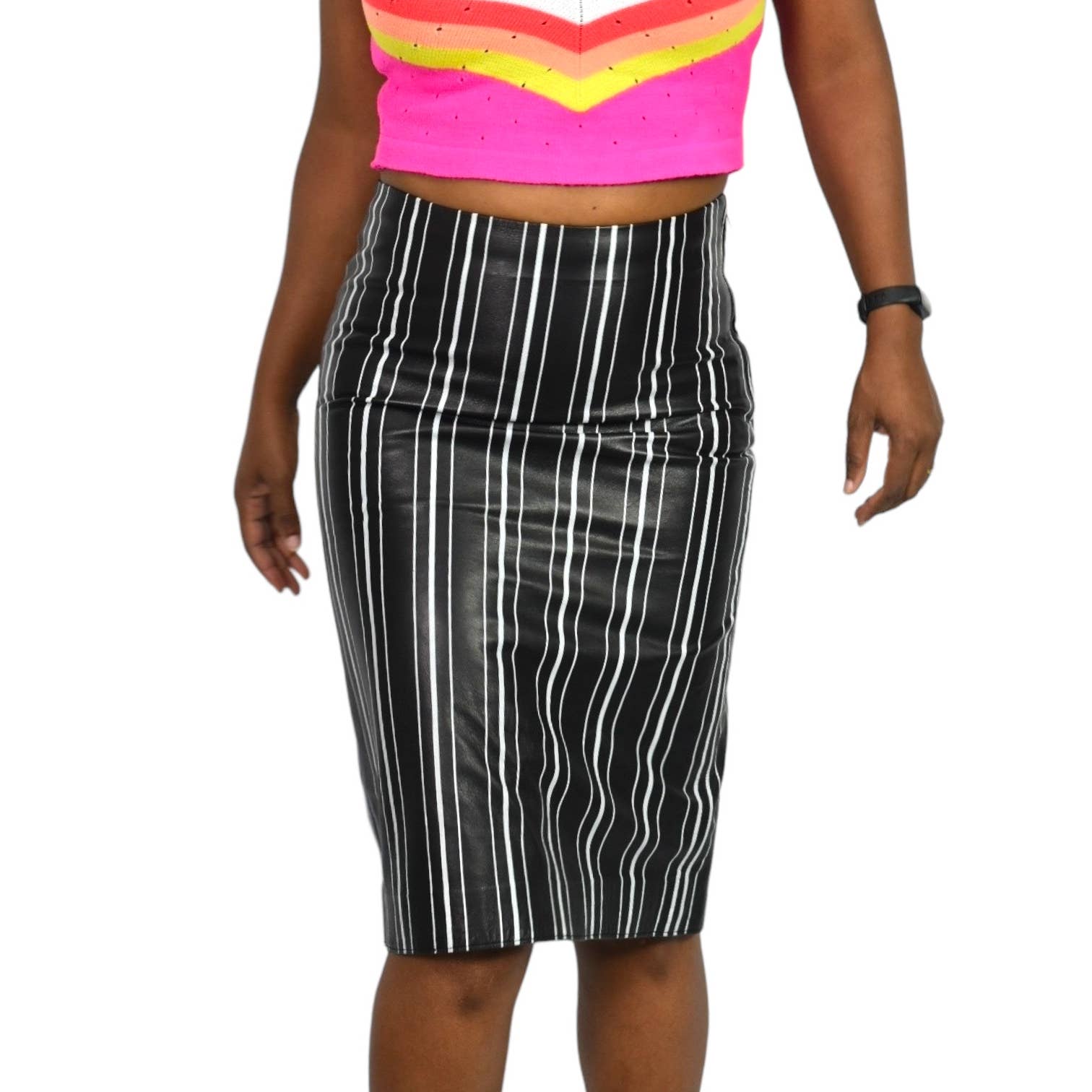 Title A Leather Pencil Skirt Black Striped Agyness Deyn High Waist Soft Size Small