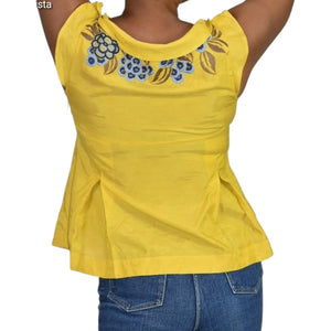 Anthropologie Floreat Embroidered Top Yellow Bateau Boat Neck Ruffle Cap Sleeve Blouse Size 6