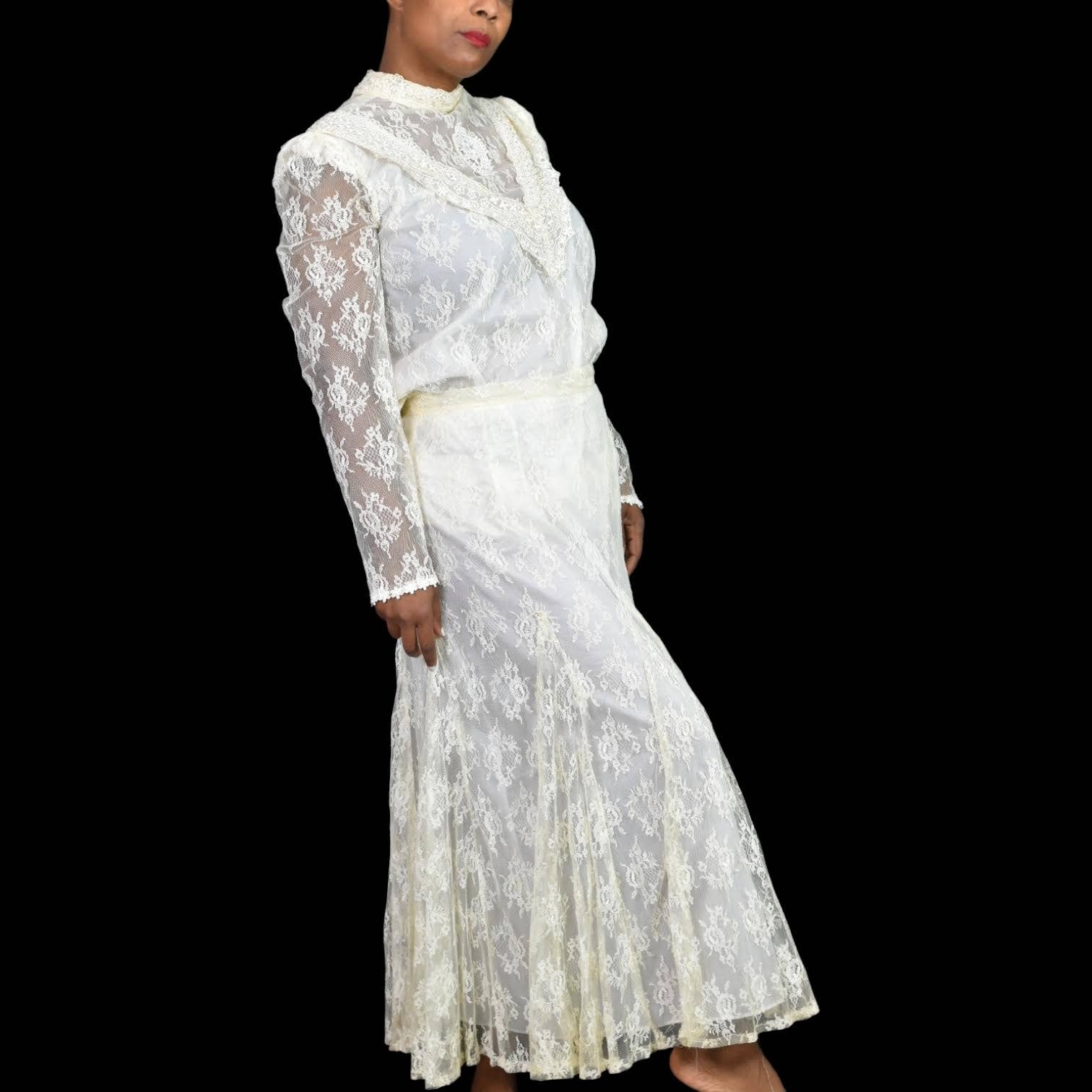 Vintage Lace Skirt Set Ivory White Victorian 80s Long Maxi Blouse Godets Size 12