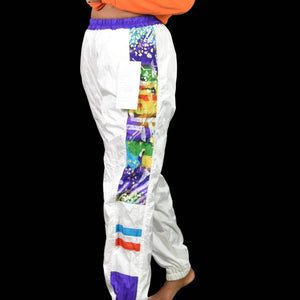 Vintage East West Nylon Track Pants White Abstract Print 90s Colorblock Joggers Size Small