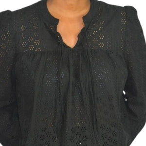 Madewell Peasant Top Black Eyelet Double Tie Blouse Long Sleeves Swingy Cotton Size Small