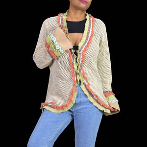 Storybook Knits Sunburst Ruffles Cardigan Tan Vintage Sweater Beaded Size Large