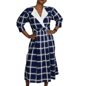 Vintage Lanz Originals Midi Dress Blue Windowpane Check Print 80s Retro Size 6