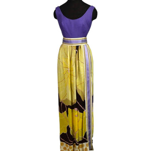 Vintage 70s Maxi Dress Purple Yellow Joseph Brennan Column Straight Linen Print Size XS