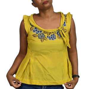 Anthropologie Floreat Embroidered Top Yellow Bateau Boat Neck Ruffle Cap Sleeve Blouse Size 6