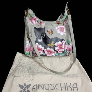 Anuschka Hobo Bag Grey Painted Leather Garden Panther Shoulder Crossbody Large Classic