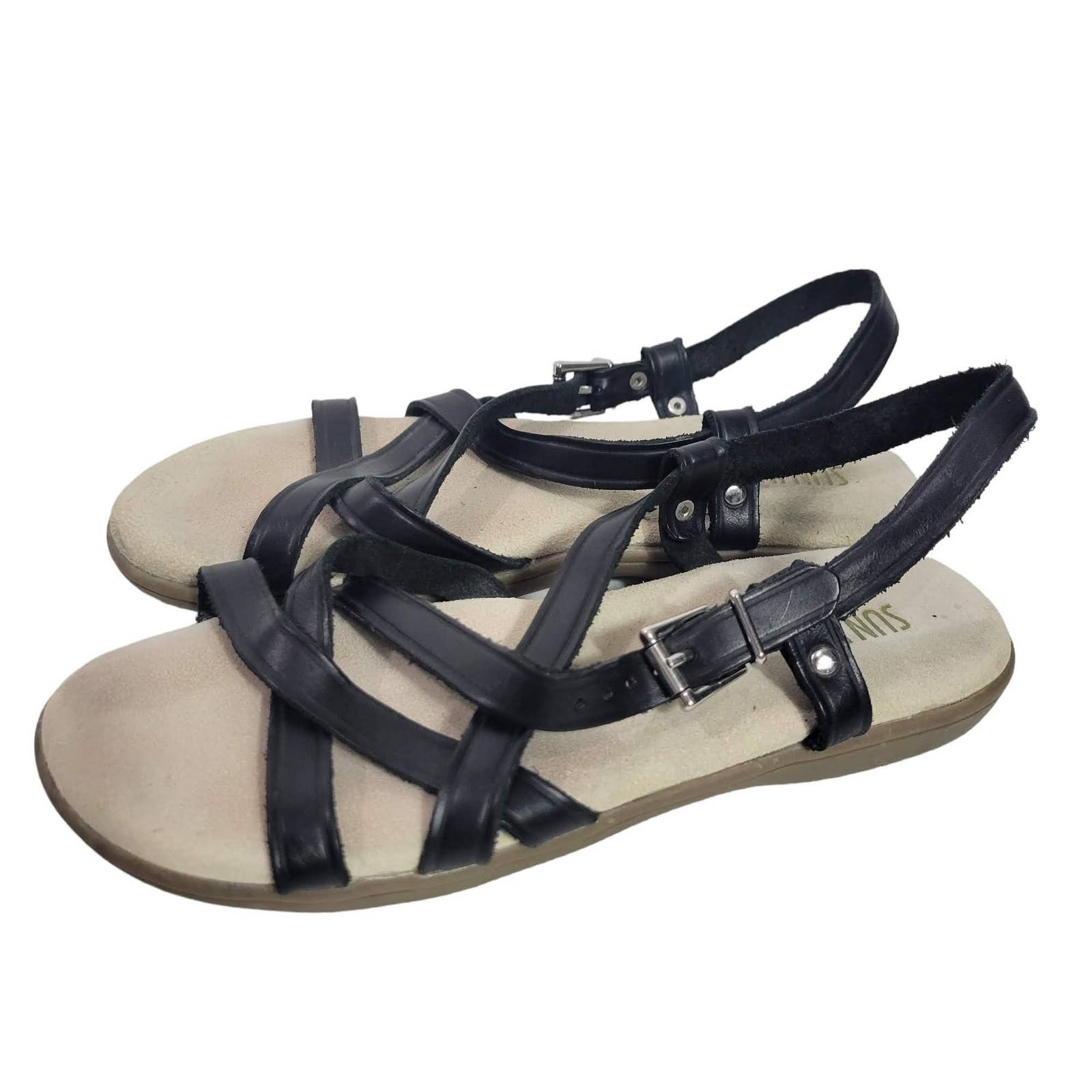 Bass Margie Sunjuns Black Sandals Leather Adjustable Strap Flats Padded Size 5.5