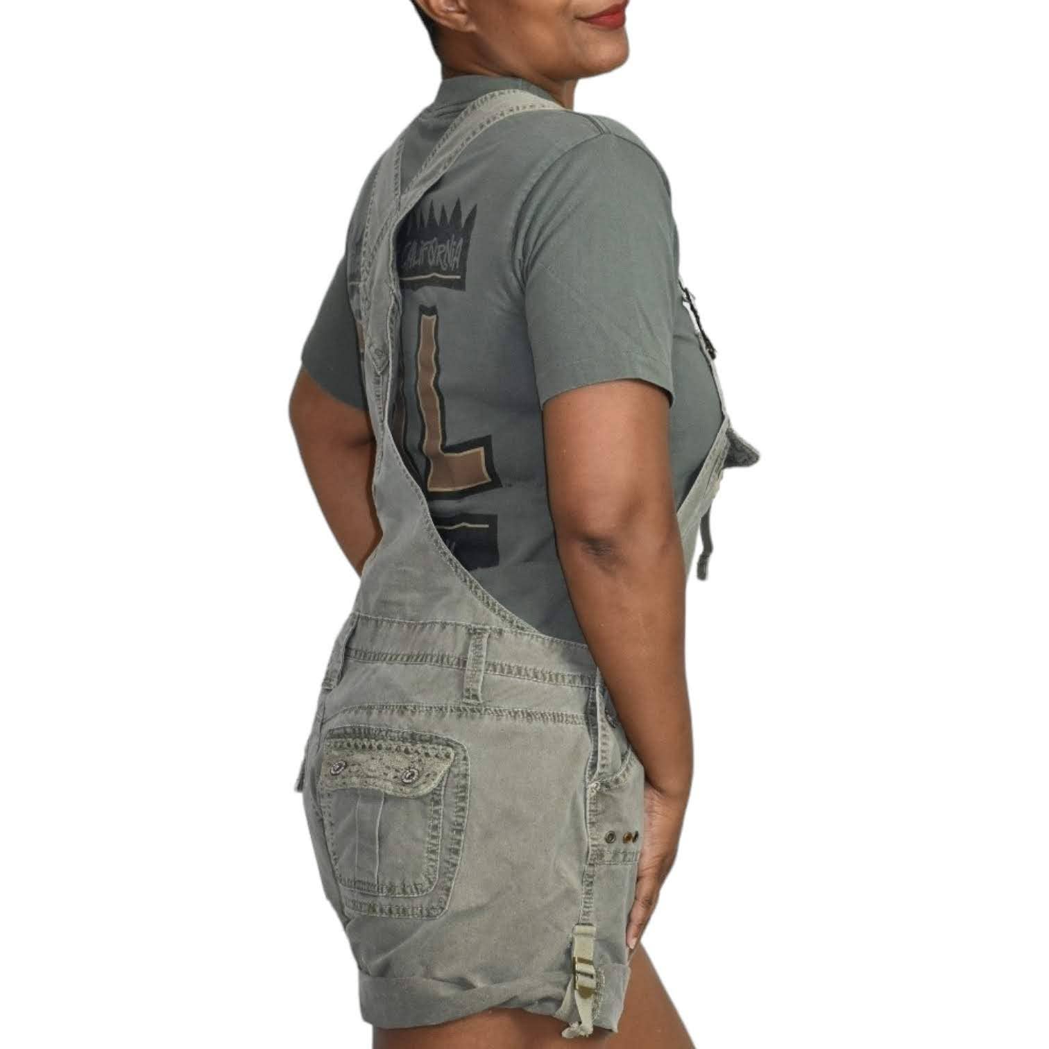 Vintage Squeeze Shortalls Bib Overalls Green Cuffed Cargo Low Rise Y2K Shorts Size Small