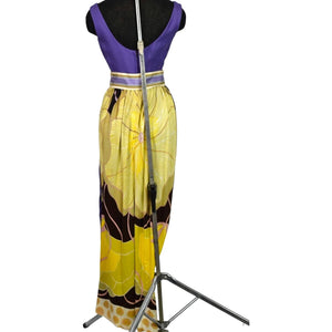 Vintage 70s Maxi Dress Purple Yellow Joseph Brennan Column Straight Linen Print Size XS