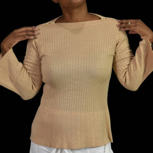 Vintage Daddys Money Ribbed Sweater Tan Camel Bell Sleeve Boat Neck Knit Size Medium