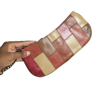 Fossil Patchwork Wristlet Bag Brown Multicolor Leather Chain Retro Pouch Wallet Vintage