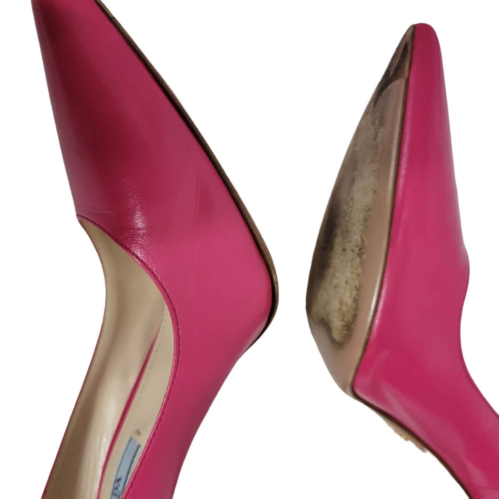 Prada Capretto Pink Heel Leather Stiletto Pointed Toe Fuchsia Pump Size 38.5 7.5