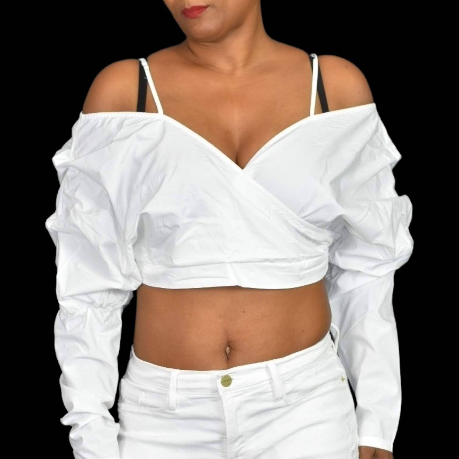 Signed Blake White Poplin Top Amazon Drop Off The Shoulder Draped Crop Size Large