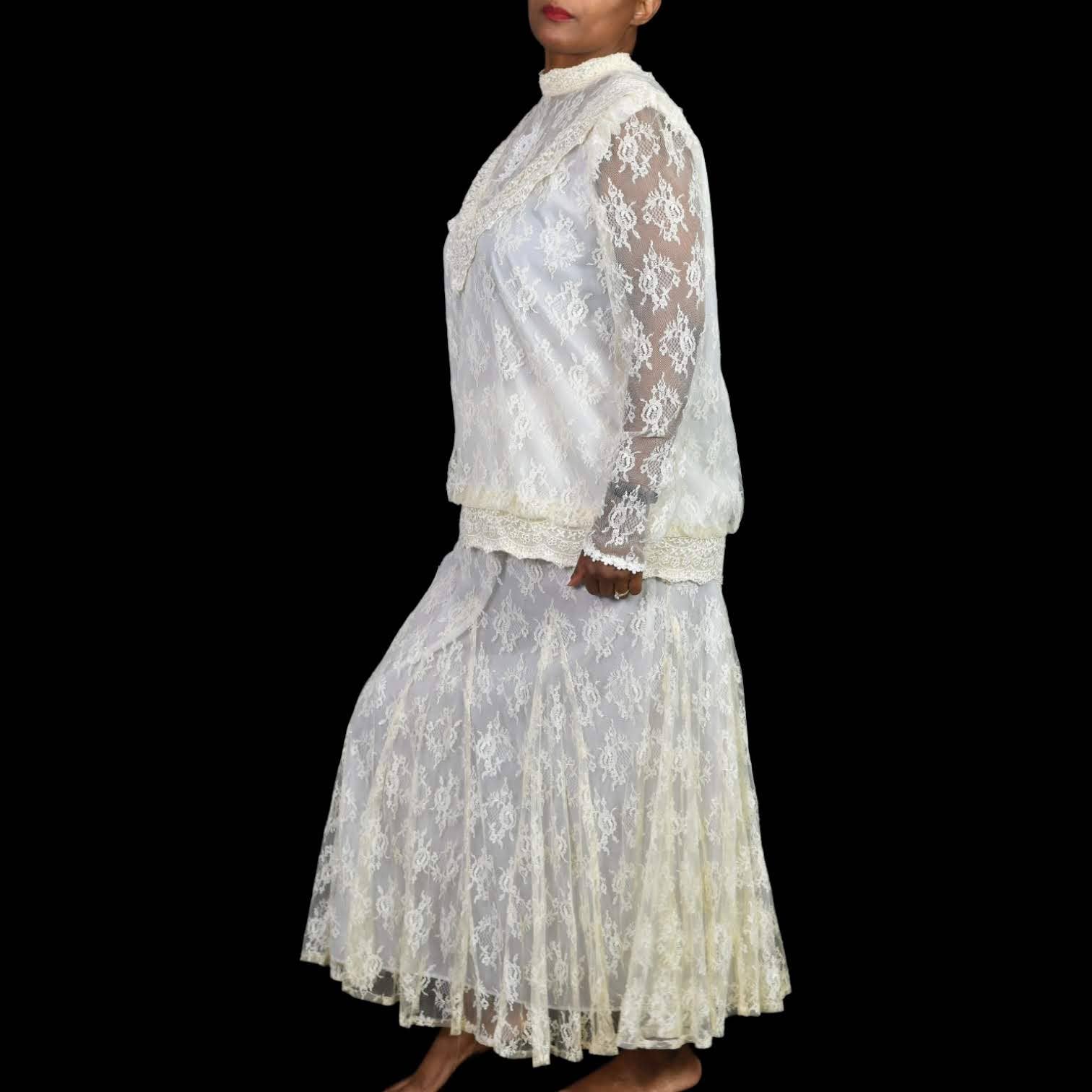 Vintage Lace Skirt Set Ivory White Victorian 80s Long Maxi Blouse Godets Size 12