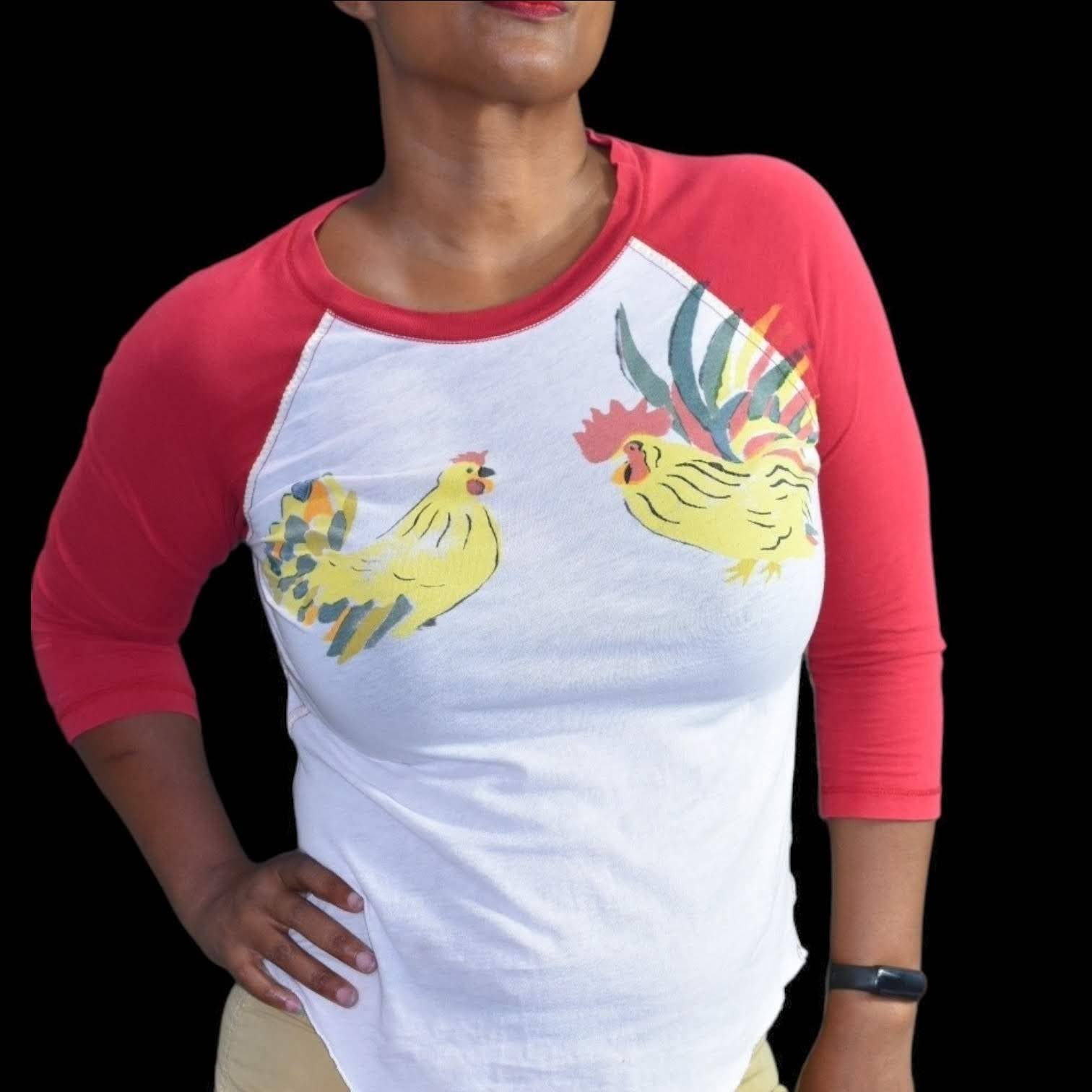Vintage Lucky Chicken Tee Red Rooster Raglan Sleeve Retro Vintage Y2K Size Small