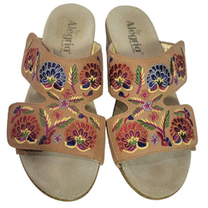 Alegria Linn Embroidered Sandals Tan Wedge Heels Leather Mules Slip On Comfort Size 10