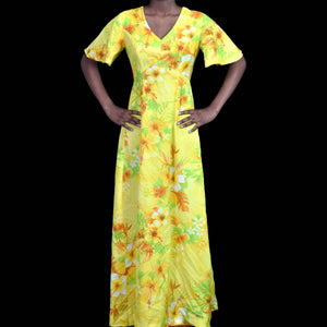 Vintage Royal Hawaiian Dress Yellow Maxi Tiki A Line Bohemian 70s Tropical Size XXS