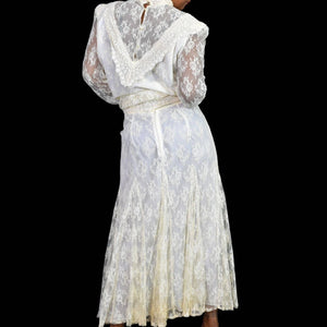 Vintage Lace Skirt Set Ivory White Victorian 80s Long Maxi Blouse Godets Size 12