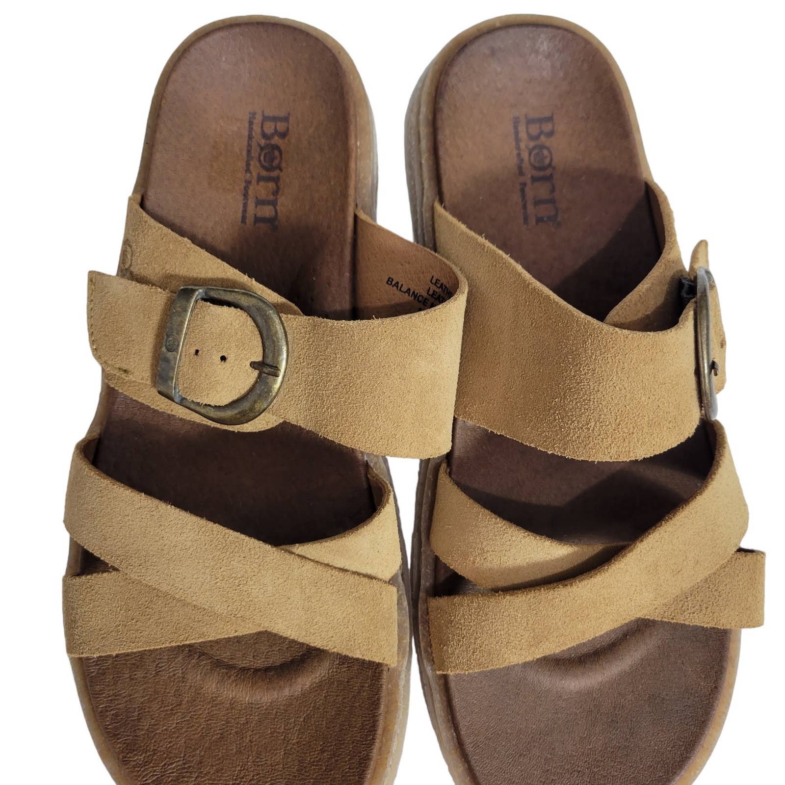 Born Caite Sandals Yellow Tan Leather Flats Wide Buckle Straps Slides Slip On Size 8