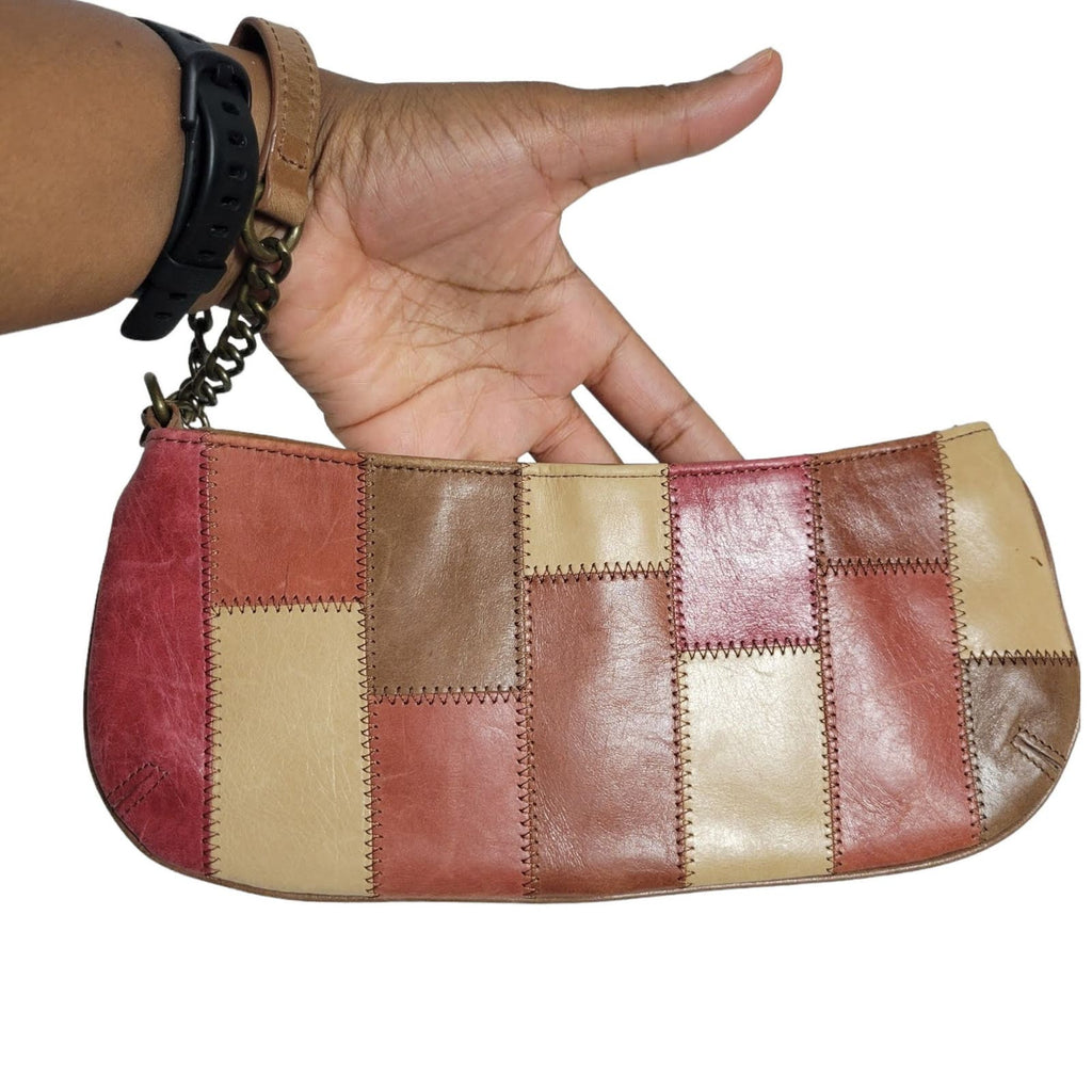 Fossil Patchwork Wristlet Bag Brown Multicolor Leather Chain Retro Pouch Wallet Vintage