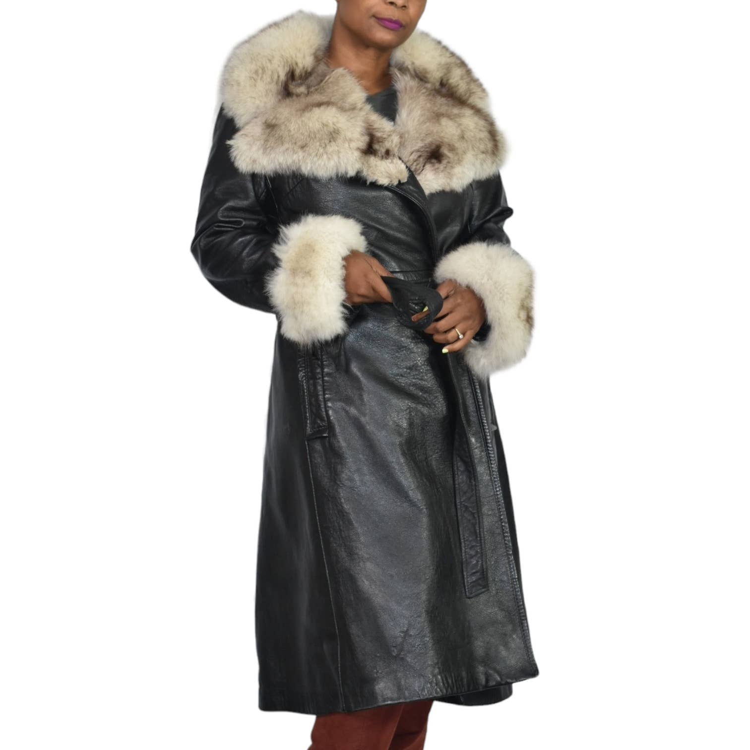 Vintage Penny Lane Coat Black Leather Trench Fur Trim Long Midi Wrap Size Medium