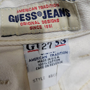Vintage Guess Jeans Off White Tapered High Rise Triangle Logo USA Rigid Cotton Denim Classic Slim Size 25