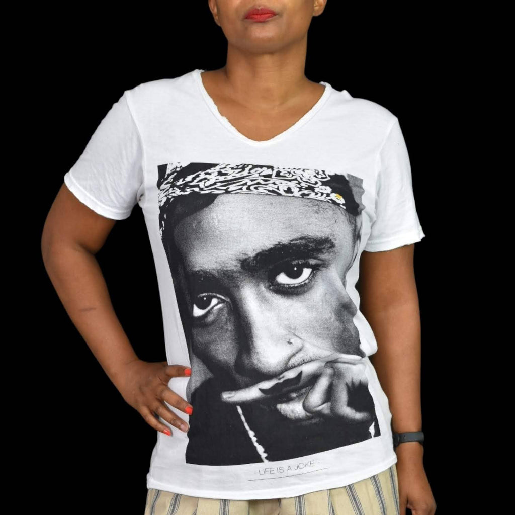 Eleven Paris Tupac Tee White and Black Life is A Joke Shirt V Neck Graphic Size Small