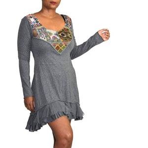 Johnny Was Tunic Dress Gray Patchwork Embroidery Tiered 4 Love and Liberty Small