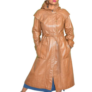 Leather Trench Coat Tan Brown Vintage Long Midi Hooded 80s Minimalist Size Small