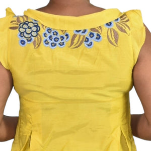 Anthropologie Floreat Embroidered Top Yellow Bateau Boat Neck Ruffle Cap Sleeve Blouse Size 6