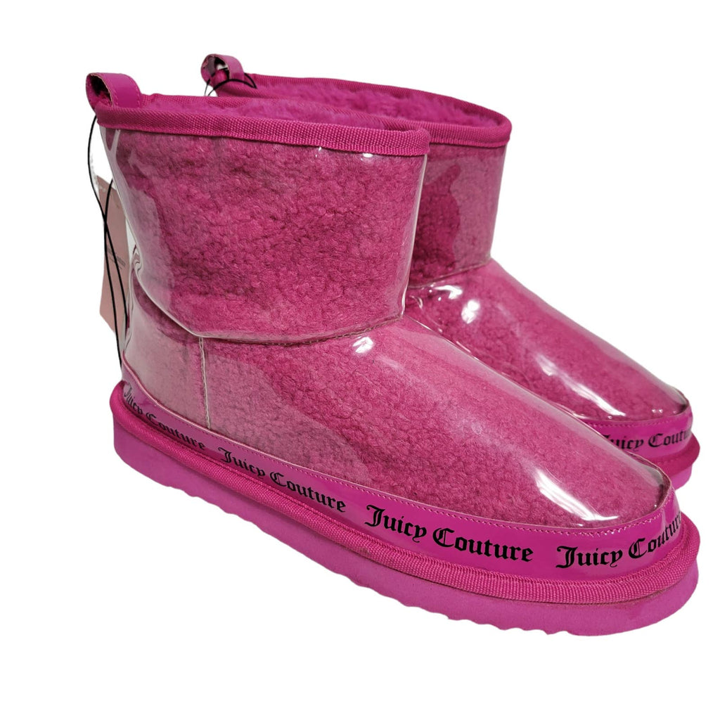 Juicy Couture Klash Winter Boots Pink Fuzzy Sherpa Booties Ankle Vinyl Size 11
