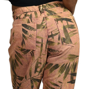 Vintage Chicos Print Jeans Brown Palm Leaves Foliage Tropical High Waist Size 8