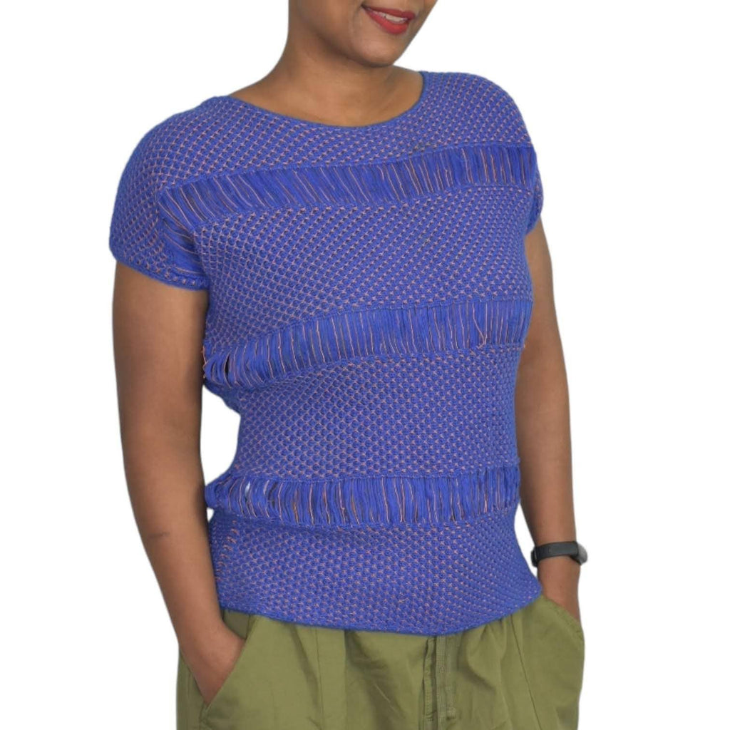 Comptoir Des Cotonniers Top Knit Crochet Sweater Blue Short Sleeve Woven Jumper Size Small