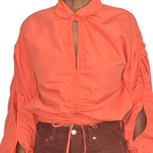 Love Highlight Bubble Sleeve Top Orange Blouse Ruched Cropped Slouchy Size Small