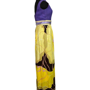 Vintage 70s Maxi Dress Purple Yellow Joseph Brennan Column Straight Linen Print Size XS