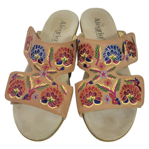 Alegria Linn Embroidered Sandals Tan Wedge Heels Leather Mules Slip On Comfort Size 10