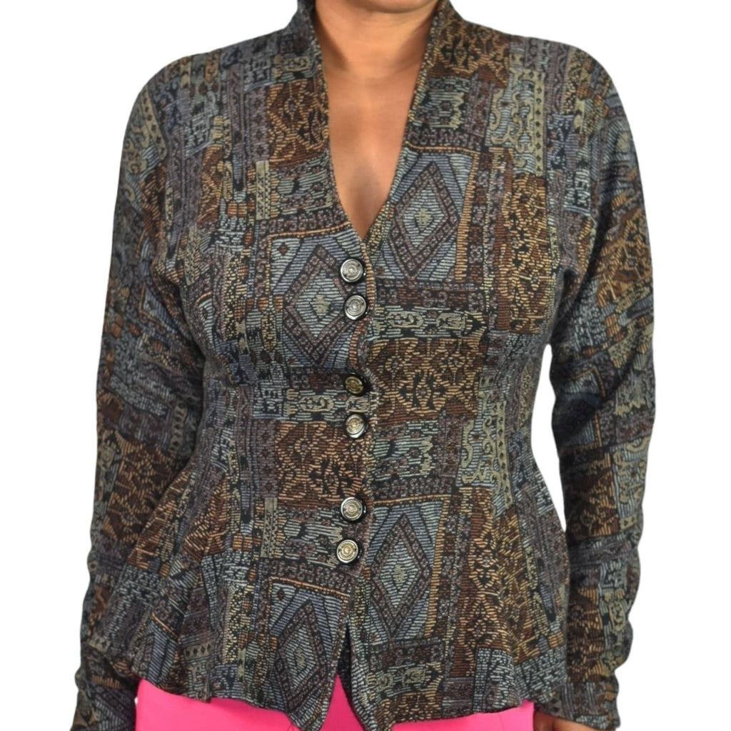 Vintage All That Jazz Jacket Black Tapestry Peplum Geometric Printed Blazer Knit Size Medium